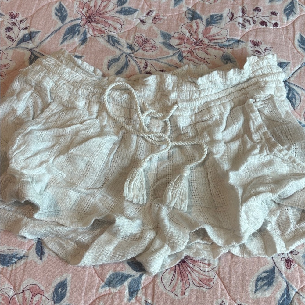 Roxy Cream Textured Shorts with Tassel Tie
